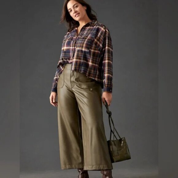 The Colette Cropped Wide-Leg Faux Leather Pants by Maeve in Moss Plus Size